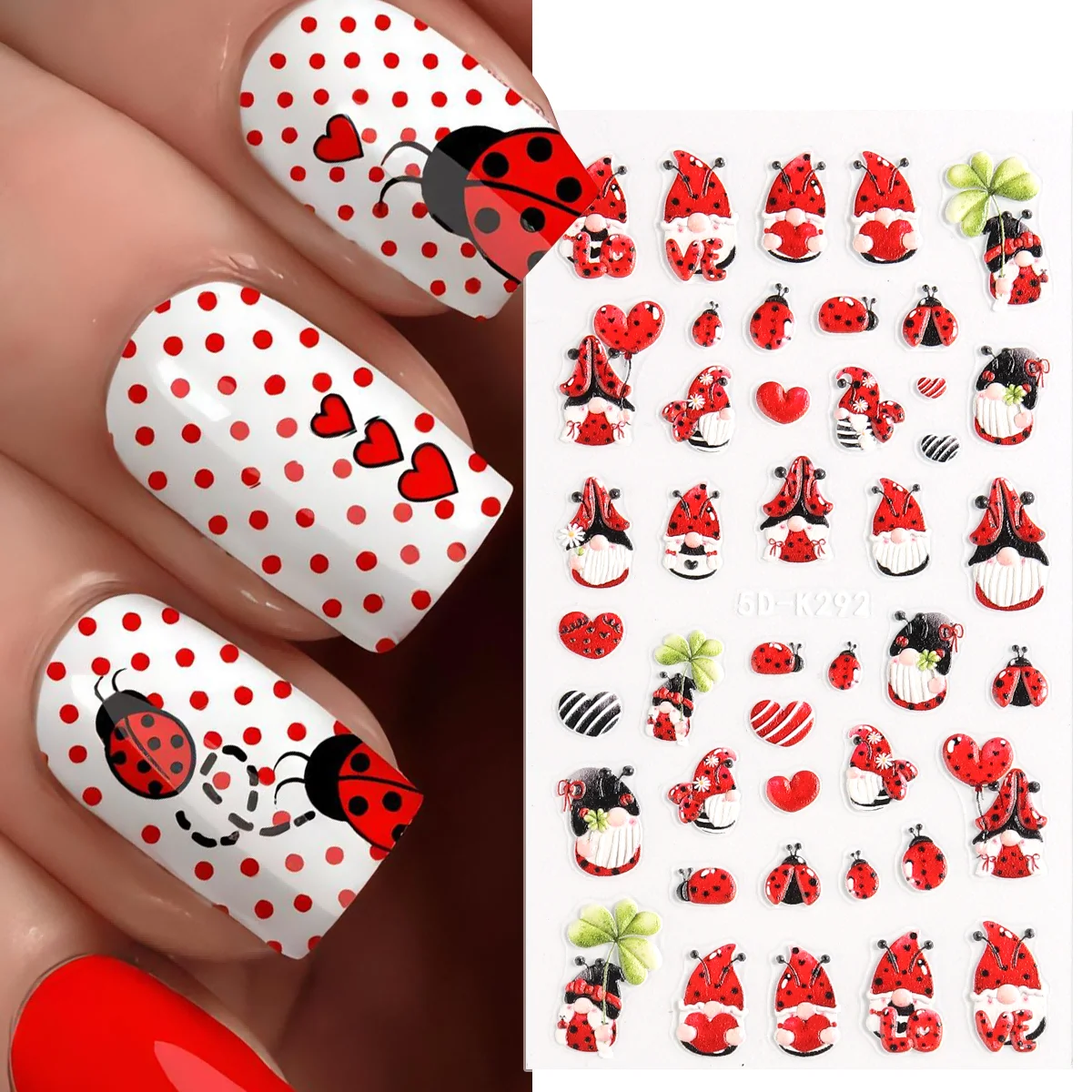 

Embossed 5D Ladybird Valentines Nail Stickers Santa Claus English Letter Hearts 3D Self Adhesive Manicure Decals Decor LE5D-K292