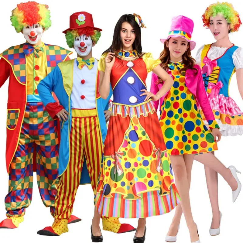 Carnaval Volwassen Mannen Vrouwen Clown Kostuum met Masker Pruik Hoed Schoenen Fancy Dress Cosplay Kleding Kerst Speeljurk