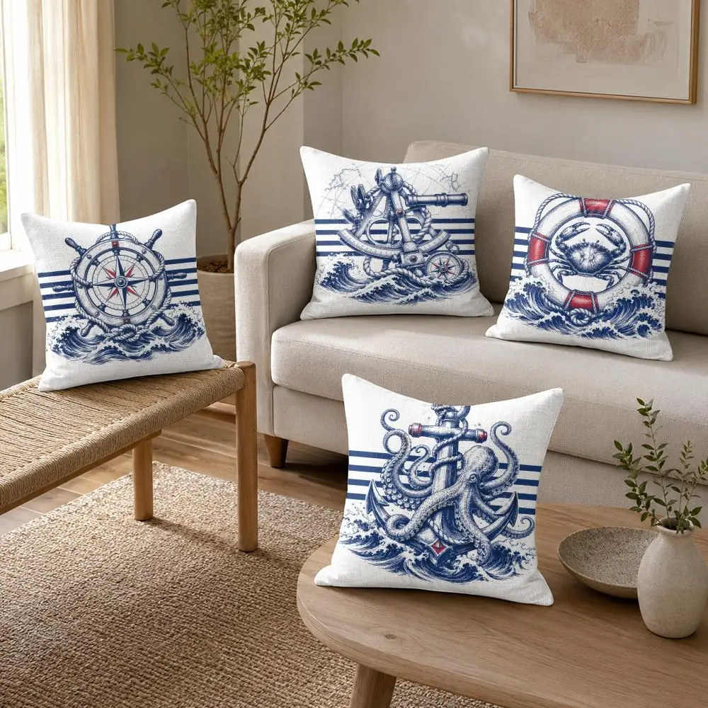 Anchor marking Cushion Cover Organic Linen Throw Pillow Cover - Double-Sided Print Breathable Cushion Case Home Decor