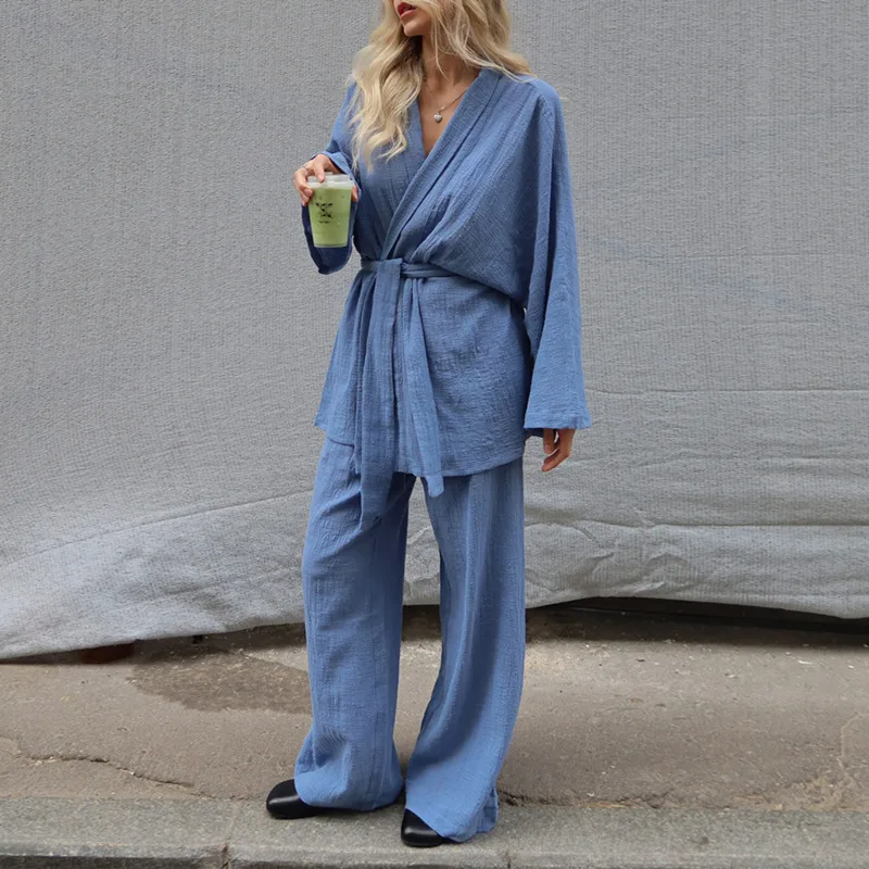 HKSH Women Cotton Pajama Set Loose Casual Solid Color Lace-Up Design Long Sleeve Top Chic Comfortable Pants Homewear New HK26480