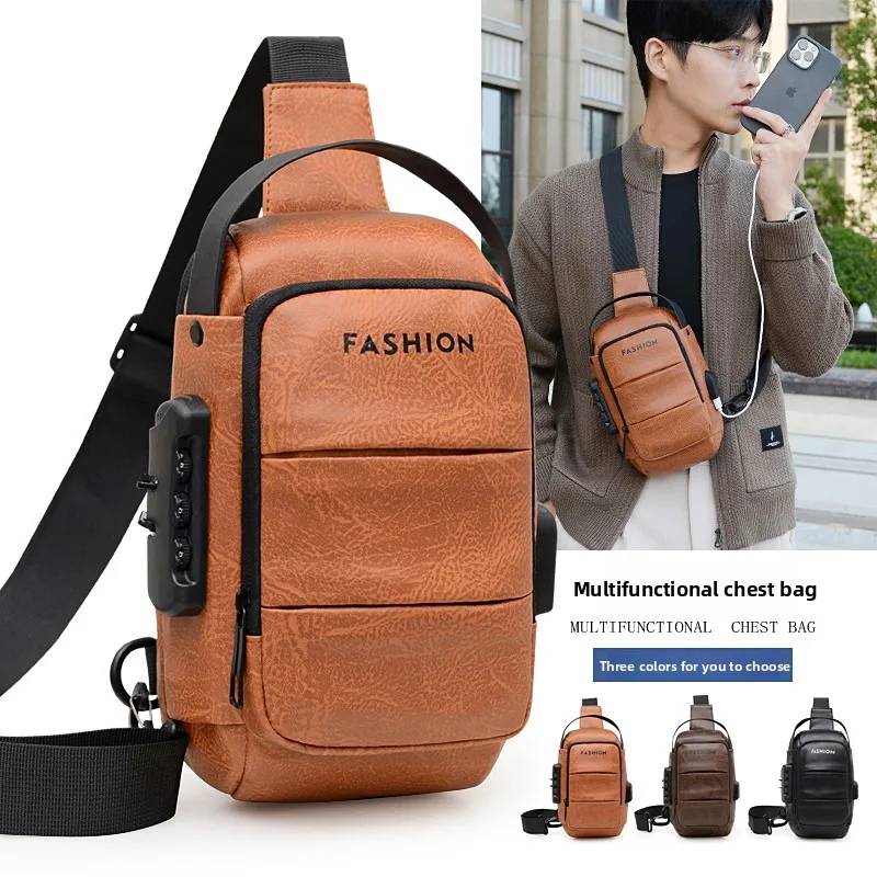 

2025 Men's Anti-Theft Chest Bag USB Charging Crossbody Bag Waterproof Sling Bag for Travel Cycling Hiking (Password Lock)