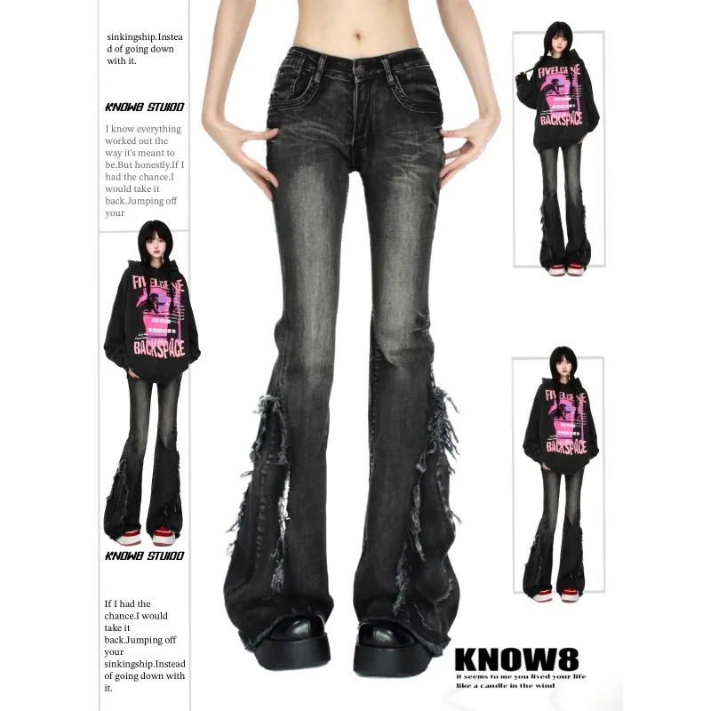 Amerikanische Retro-Jeans mit Fransen, Mikro-Schlaghose mit gekreuztem Krawatten-Design für Damen, schmale Passform und schlankmachende Hufeisenhose