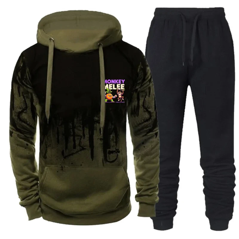 Moletom com capuz masculino preto cinza macacoelee conjunto de moletom estampado casual roupas esportivas para uso diário e atividades físicas