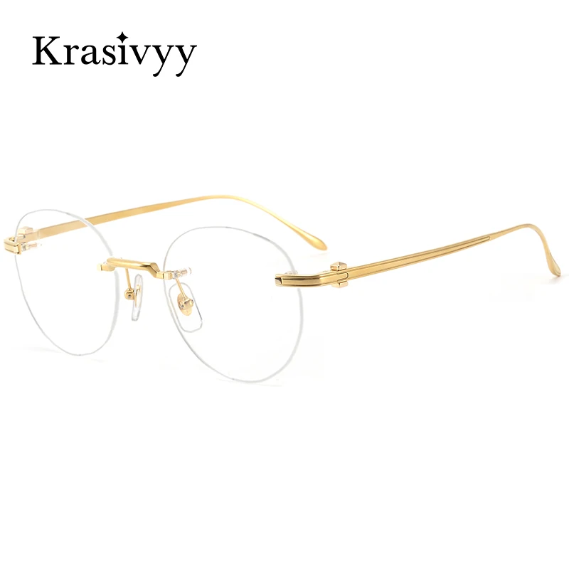 Krasivyy Pure Titanium Rimless Glasses Frame Men Brand Designer Retro Round Eyewear Women Ultralight Vintage Optical Eyeglasses