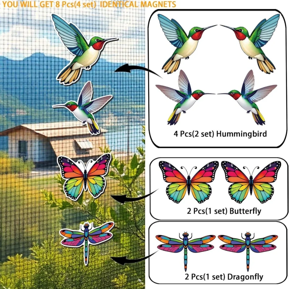 8Pcs Hummingbird Butterfly Dragonfly Magnetic Screen Door Stickers, Flexible Multi-sided Patches, Sliding Window Screen Decor
