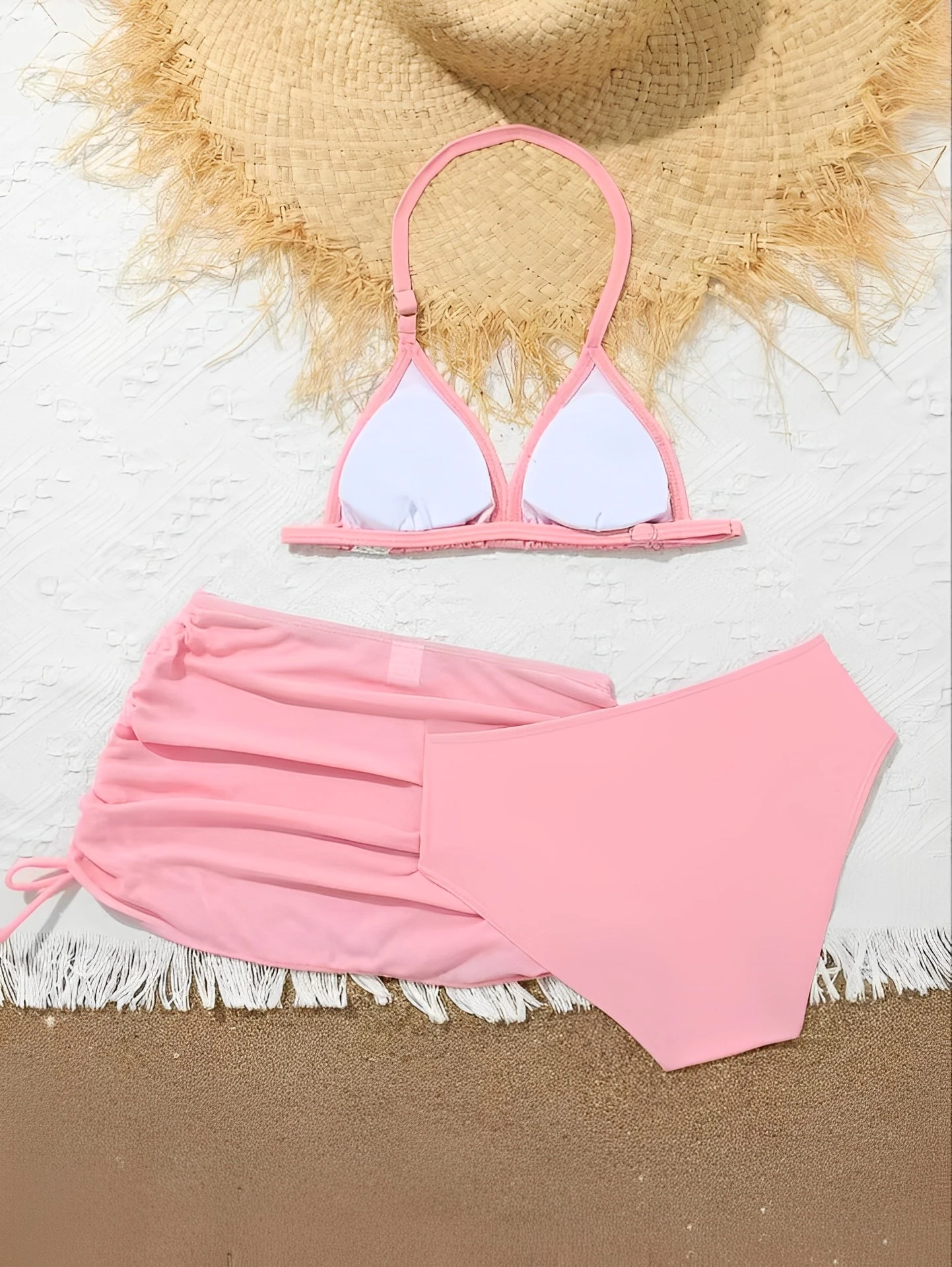 3 Pieces Halter Bikini 2026 Girls Swimsuit High Waist Kids Swimwear & Beach Skirt Pink Children Swimming Bathing Swim Suit