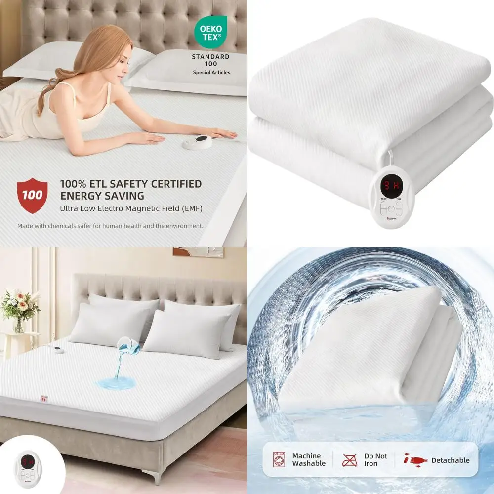 

Сертифицированный водонепроницаемый наматрасник с подогревом и 9 уровнями нагрева, автоматическое выключение 1–12 часов, глубокий карман, моющийся, полноразмерный белый