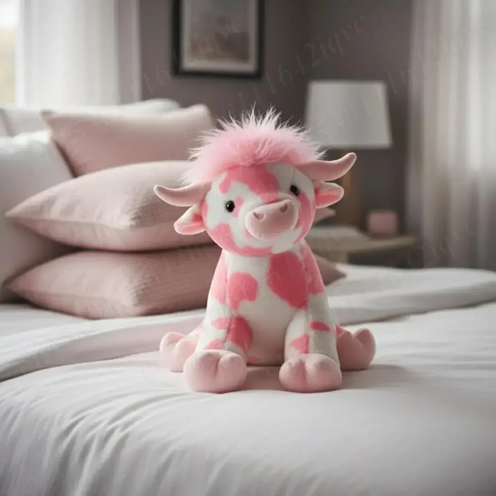 Cute Pink Highland Cow Plush Toy Soft Stuffed Animal With Pink Bow Rose Love Heart Romantic Valentine Day Gift For