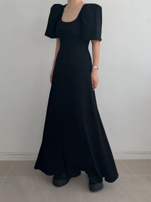 Chic col carré coupe ajustée t-shirt Dr femme douce polyvalente a-ligne jupe longue bulle Sve coton été Dr