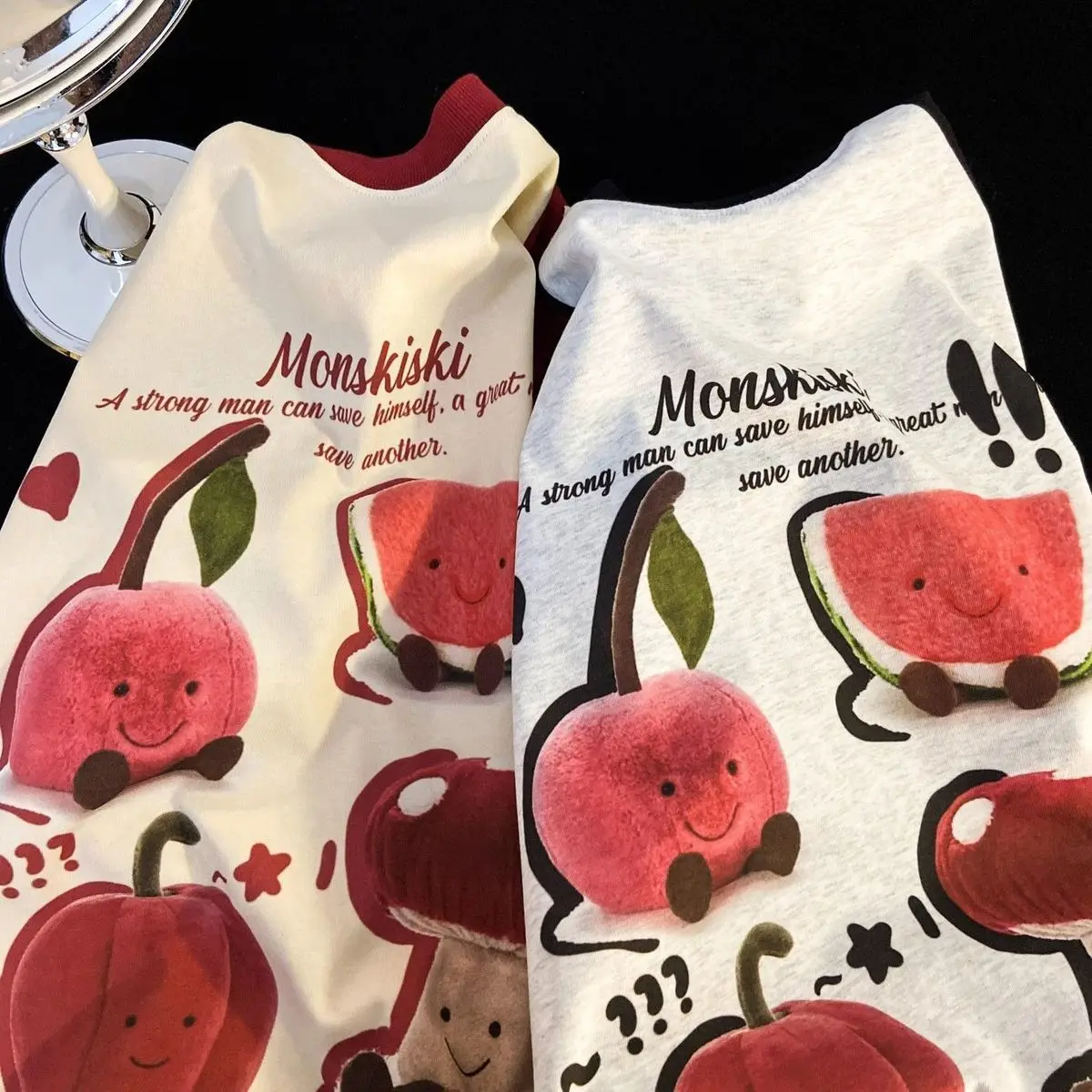 Creative Personality Cute Fruit Print Raglan Sleeve Stitching Design Niche T-Shirt Female Summer New Couple Women Men 2023 New