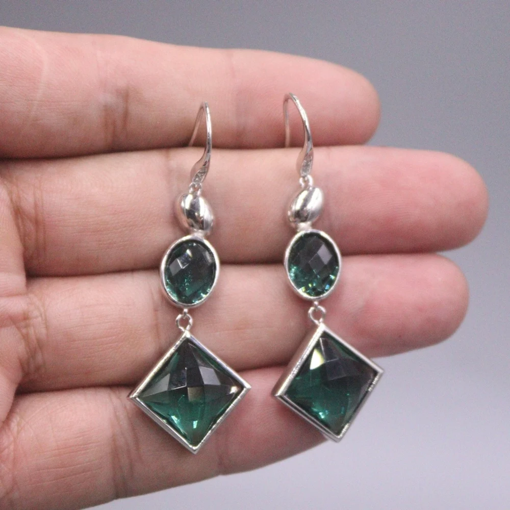 

Real Solid 925 Sterling Silver Dangle Women Lucky Green Crystal Oval Square Long Earrings