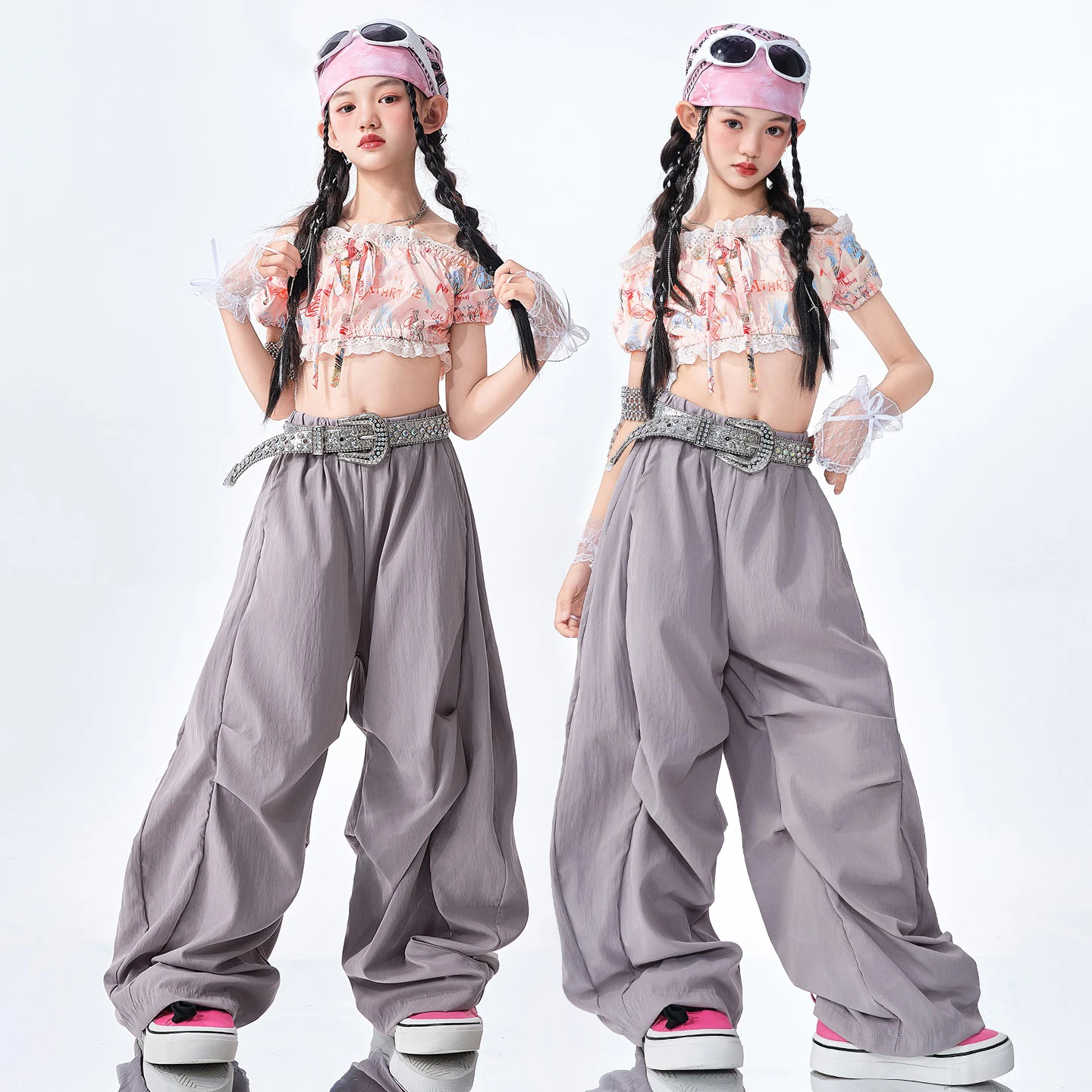 Girls Jazz Dance Clothing Short Sleeves Navel Tops Gray Hiphop Pants Kpop Group Performance Suit Concert Stage Costumes BL16421