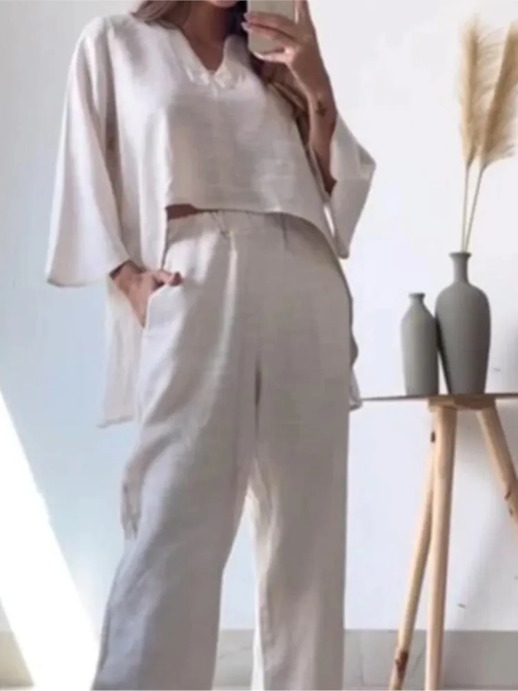 

2025 Summer Women Asymmetrical Fashion V-neck Solid Color Loose Top Pullover Straight Pants Simple Style Streetwear Pants Sets