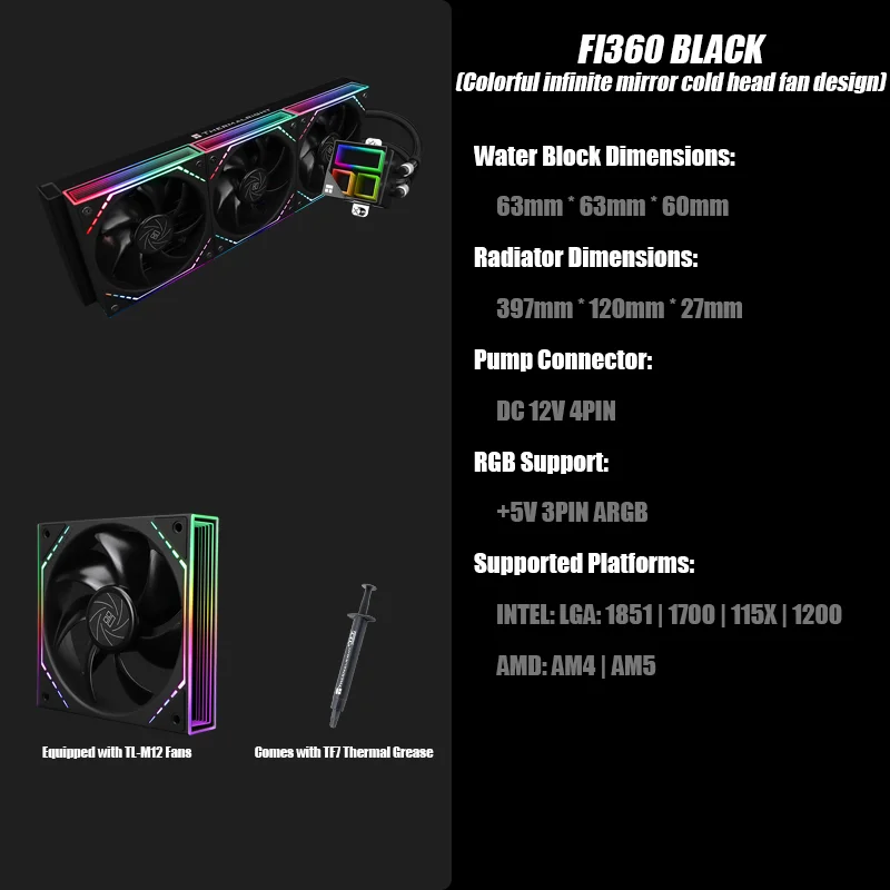 Thermalright FROZEN INFINITY 360 BLACK&WHITE AIO CPU Liquid Cooler  RGB Infinity Mirror Cooler Fan Design Equipped with TL-M12