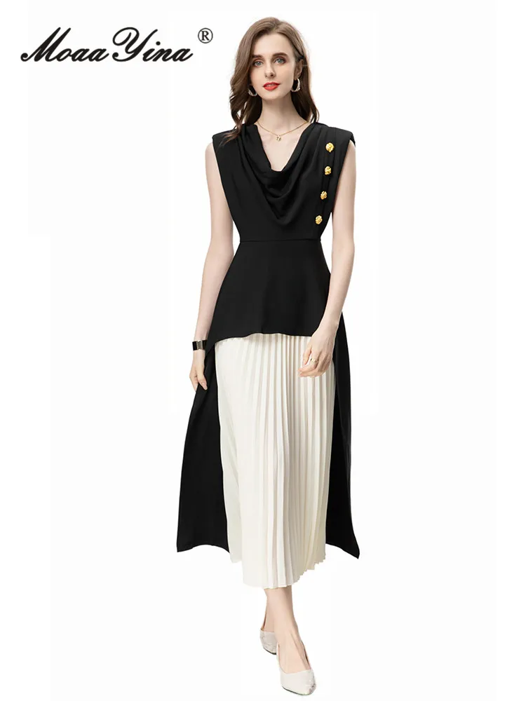 

MoaaYina Summer Fashion Runway Dress Women Casual Button Sashes Patchwork Pleated Temperament V-Neck Sleeveless Long Dresses