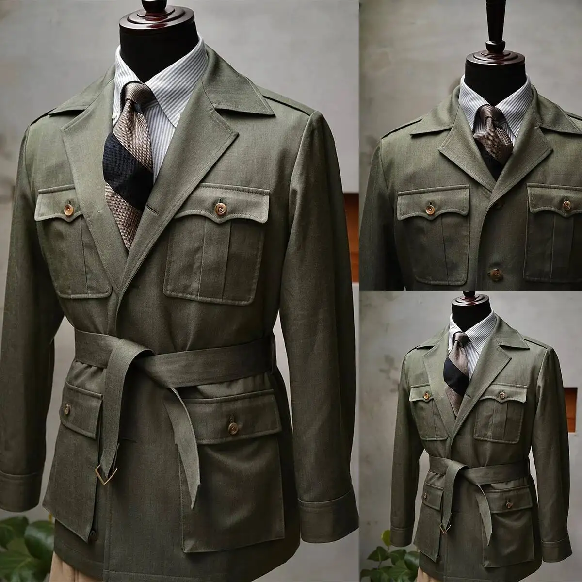 Green Traveling Men's Suit Blazer Bow Collar Military Single Breasted Buckle Work Wear Bussiness Wedding Costume Customized