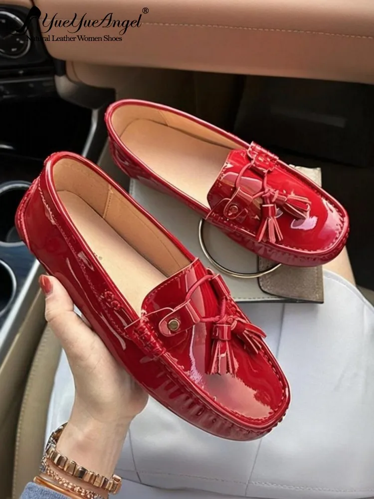 

Офисные женские удобные дышащие туфли на плоской подошве из натуральной кожи, дышащие модные женские лоферы из лакированной кожи с кисточками на весну и лето