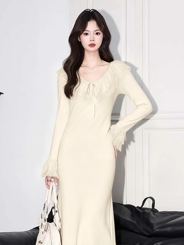 

Новое элегантное длинное платье А-силуэта с кружевной отделкой и длинными рукавами, весна 2026, французский стиль, с завышенной талией, из полиэстера