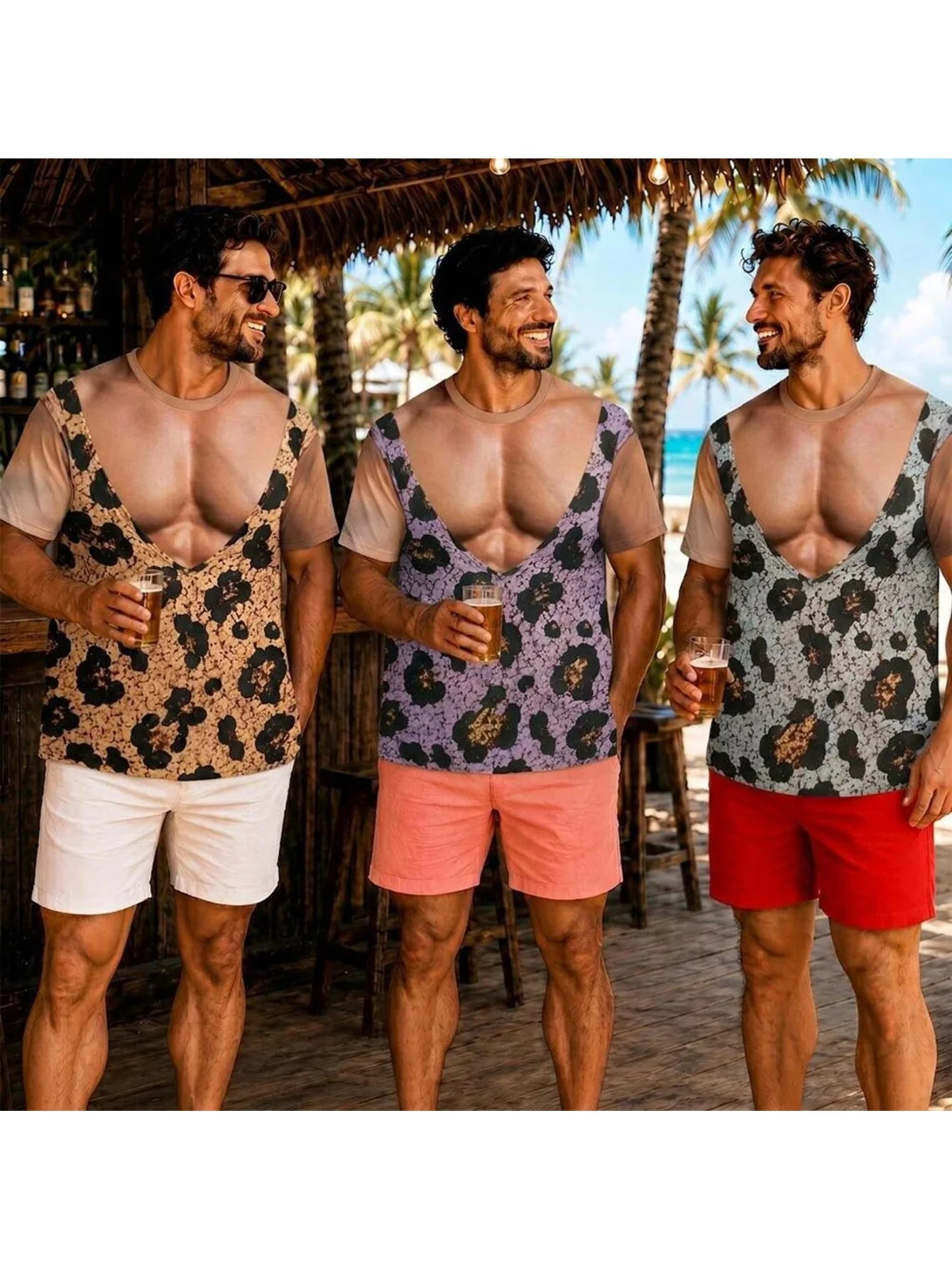 Novelty 3D Illusion Fake Body Print T‑Shirt Funny Hairy Chest Muscle Suit Graphic Short‑Sleeve Unisex Holiday Party Casual Tees