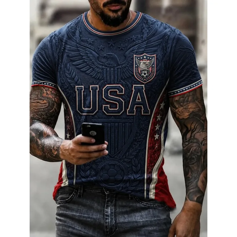 Mens USA Soccer Eagle Patriotic Tee 3D porint Short Sleeve Retro US Star Flag Casual Independence Day National Pride T-Shirt