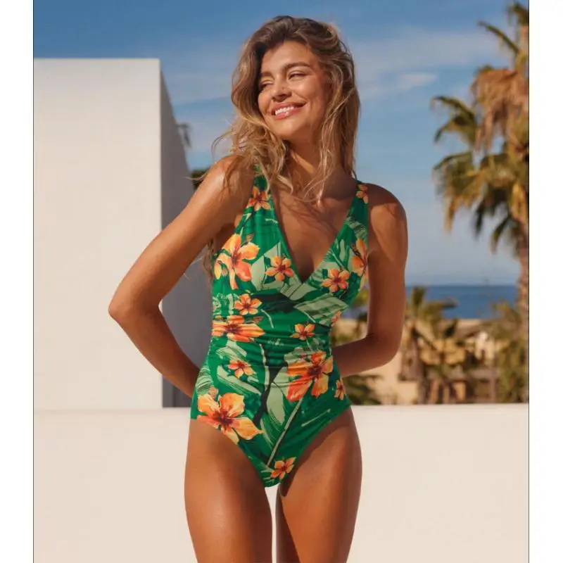 

Купальник и юбка Flaxmaker 2026: летний винтажный комплект для женщин, сексуальный купальник с V-образным вырезом без рукавов, с принтом гибискуса, с эффектом утяжки живота