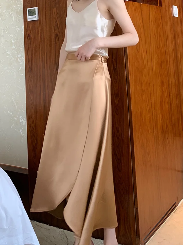 تنورة أنيقة ومثيرة من حمض الخليك على الطراز الفرنسي من الساتان 2026 لربيع وخريف مكتب سيدة أنيقة عتيقة بأربطة تنانير من الحرير الاصطناعي 6XL #6