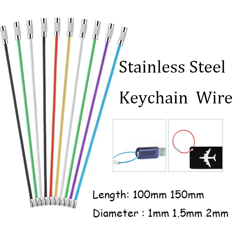 10pcs 1/1.5/2.0mm Diameter Wire Keychain Cable Stainles Steel, For Coated Key Chain with Screw Lock,  Keyring Loop for Tag