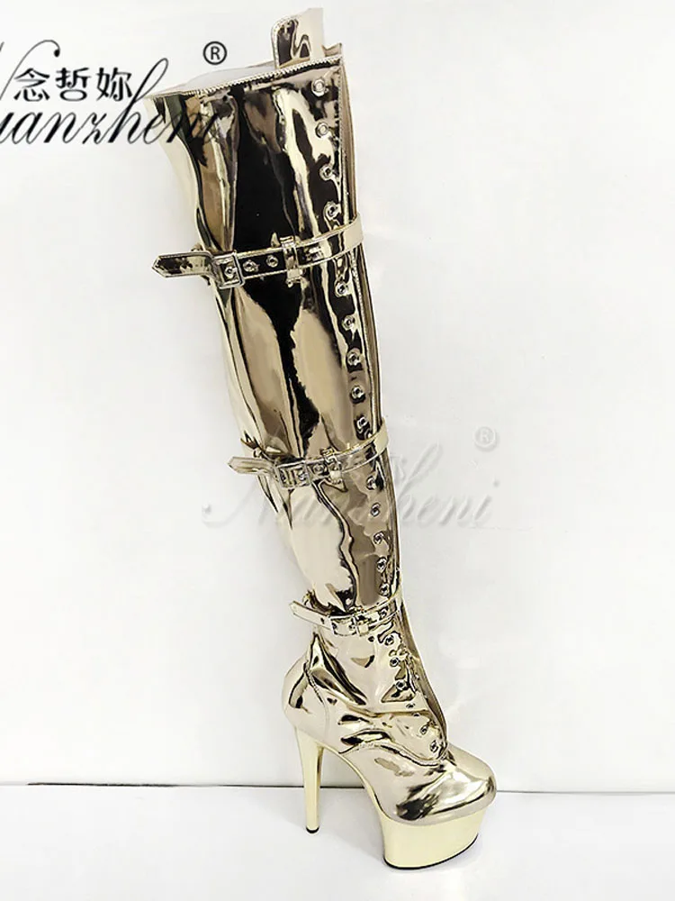 17CM Gold Pole Dance Shoes Platform Boots Women Nightclub high Stripper Heels Women Exotic Dancer Sexy Fetish Models Belt Buckle