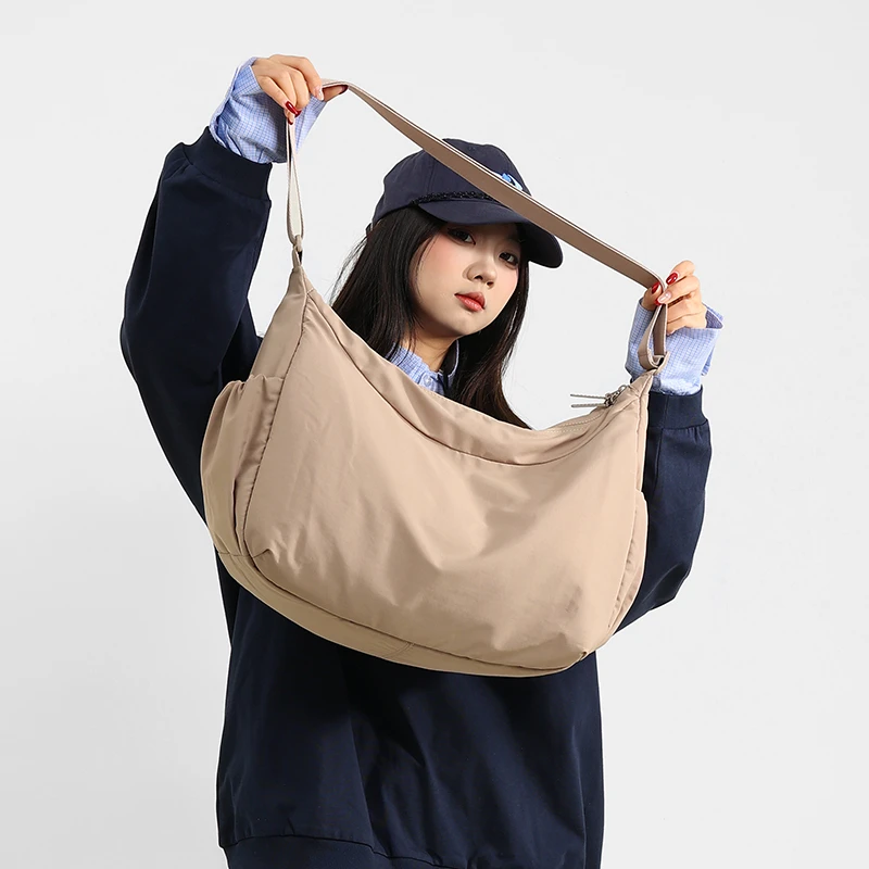Nylon Canvas Crossbody Bag Minimalist Solid Zip Shoulder Tote Purse Lightweight Versatile Simple Multi-purpose Carry-all Satchel