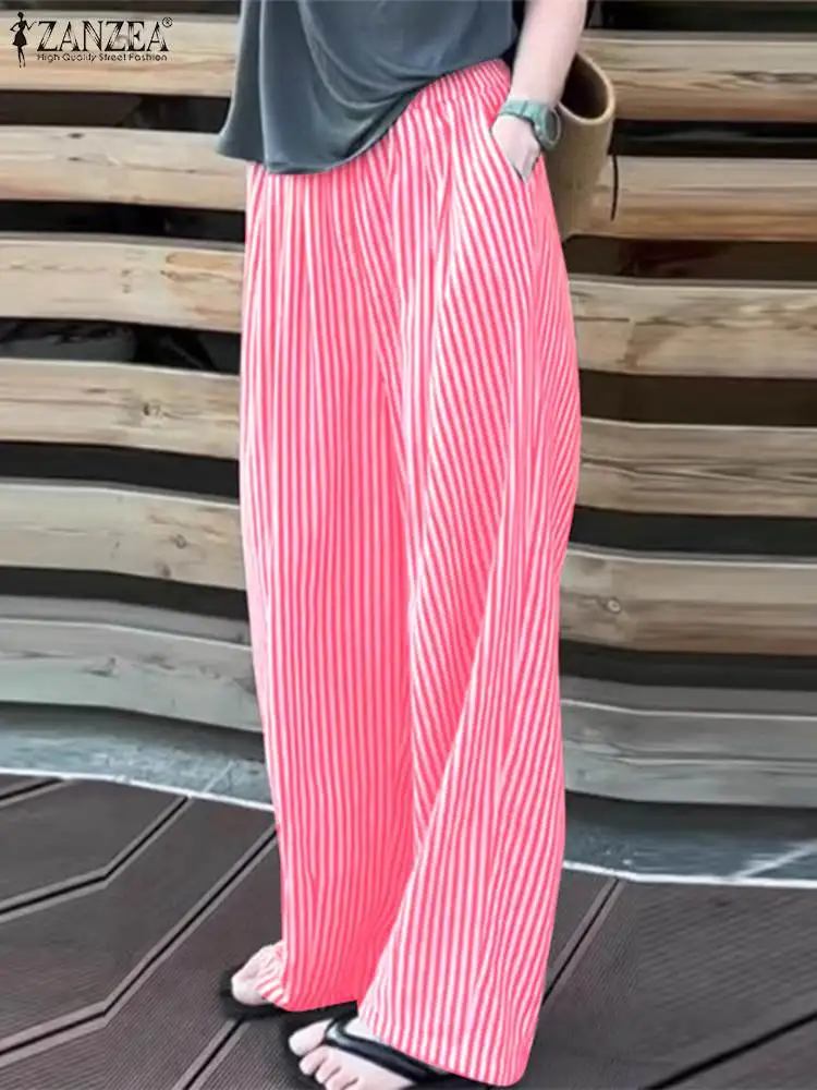 Korean Wide Leg Trousers ZANZEA 2024 Summer Stripes Pants Women Casual All-match Thin Long Pants Elastic Waist Pockets Pantalon