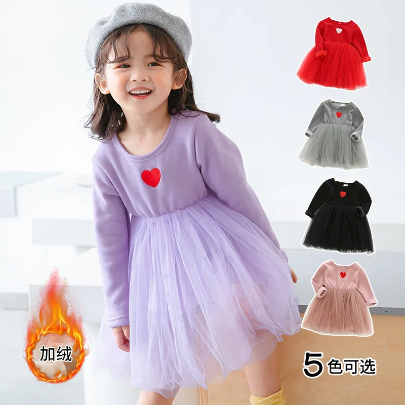 

Children's Clothing Autumn and Winter Spliced Style Fleece-Lined Girls' Tulle Skirt Embroidered Heart Baby Dress Non-Falling Vel