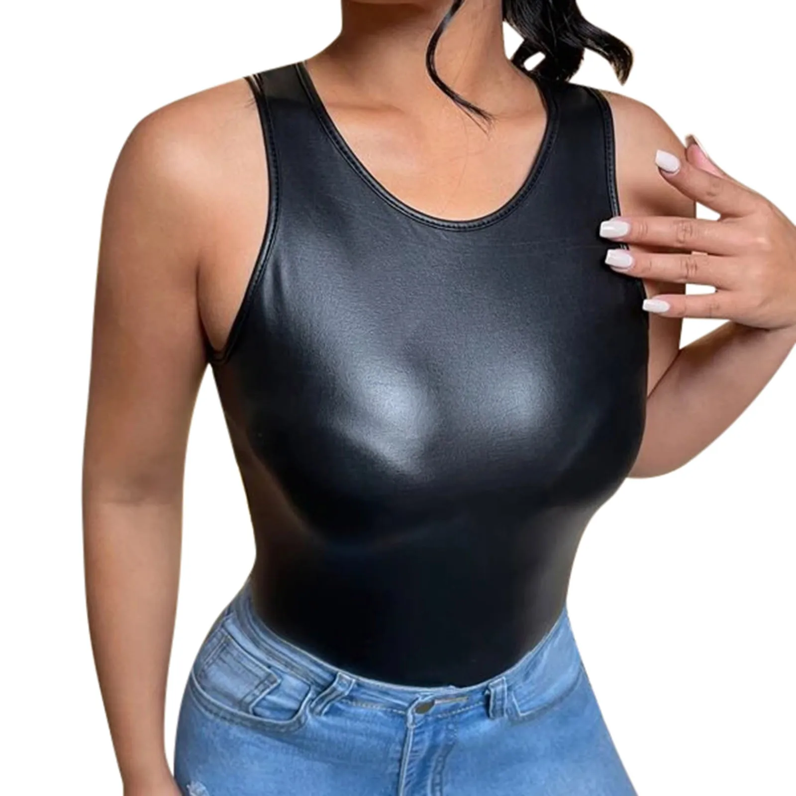 Kamizelka damska PU Leather Patent Tank Tops Sexy Glitter Ladies Tops Slim Fit Solid Color Round Neck Party Wear Sexy Womens Tank