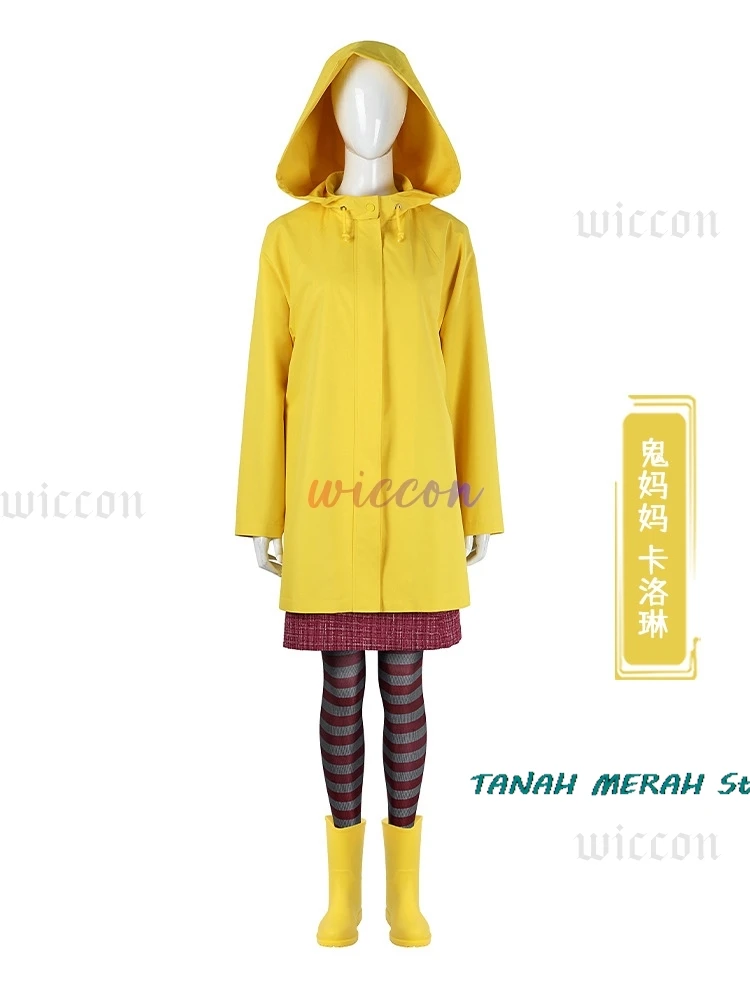 Coraline Cosplay Costume Horror Fairytale Movies Yellow Coat Secret Door Adult Halloween Party Scary Ghost Mom Caroline