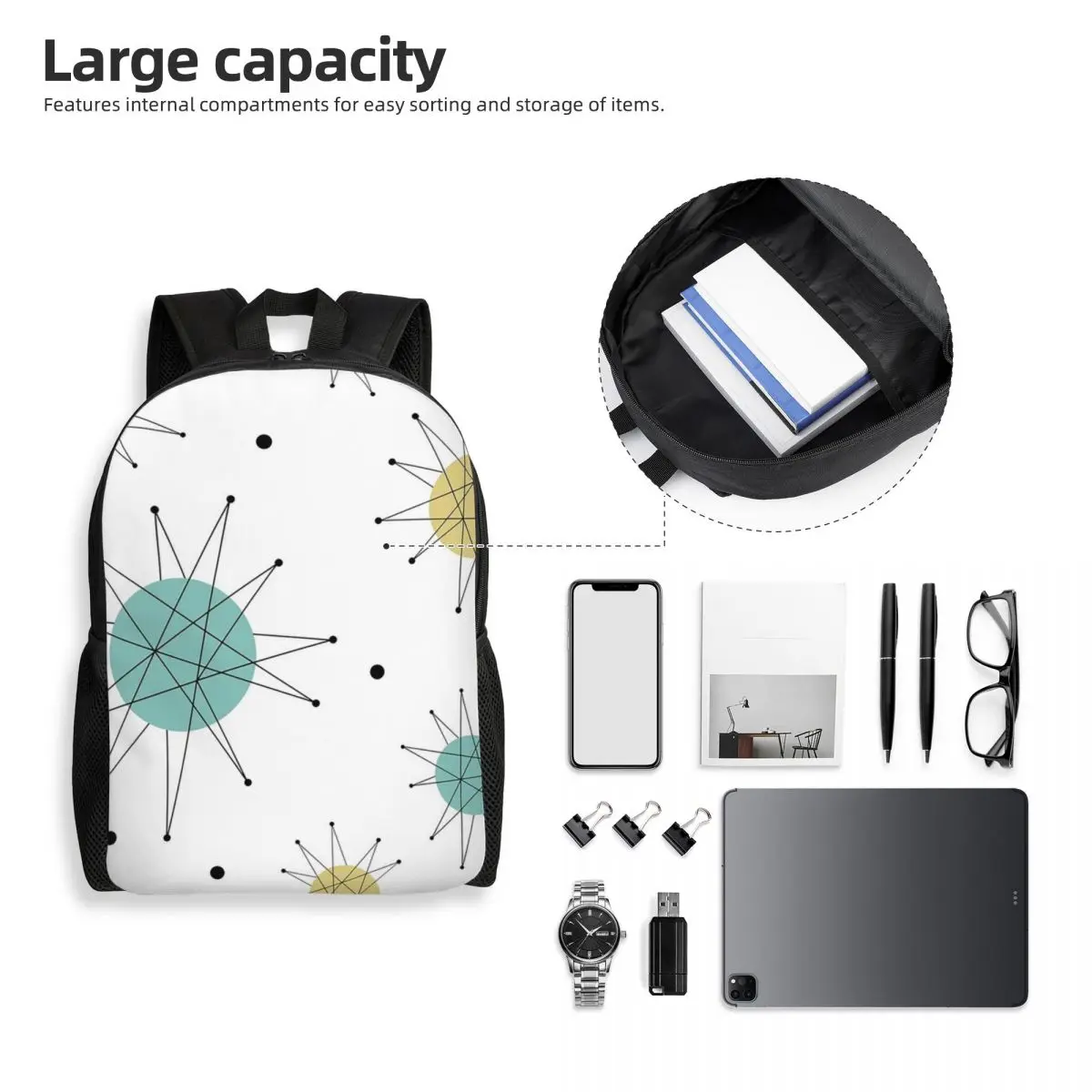 Franciscan Starburst Mid Century Atomic Age Backpack Student Boys Girls BookBag School Bag Computer Shoulder Bags
