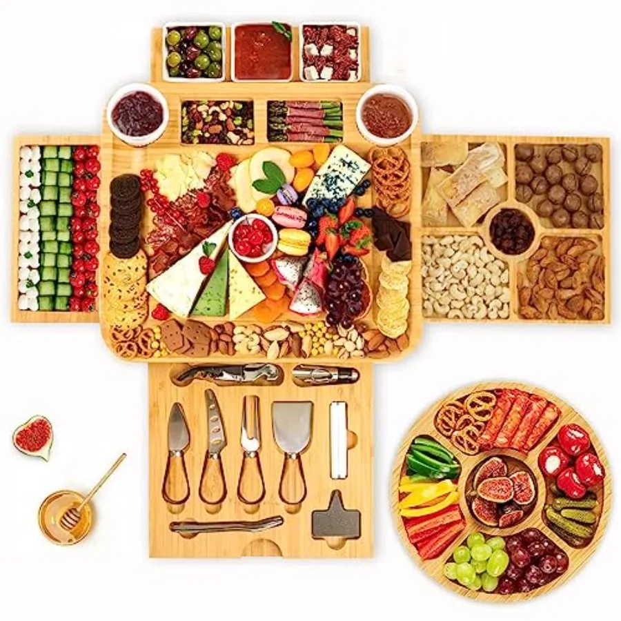 

Charcuterie Boards Gift Set Bamboo Cheese Board and Knife Set Cheese Tray Magnetic Charcuterie Boards Set 15 x 13 x 2 Inch for