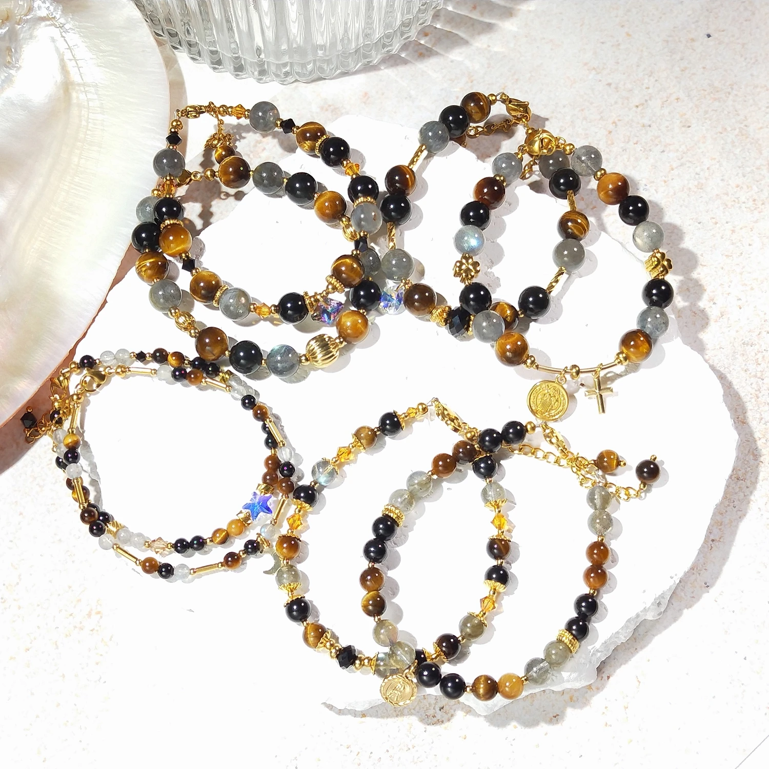 

Lii Ji Tiger Eye Labradorite Obsidian/Black Tourmaline 4-8mm Stainless Steel 14K Gold Filled Bracelet Handmade Jewelry