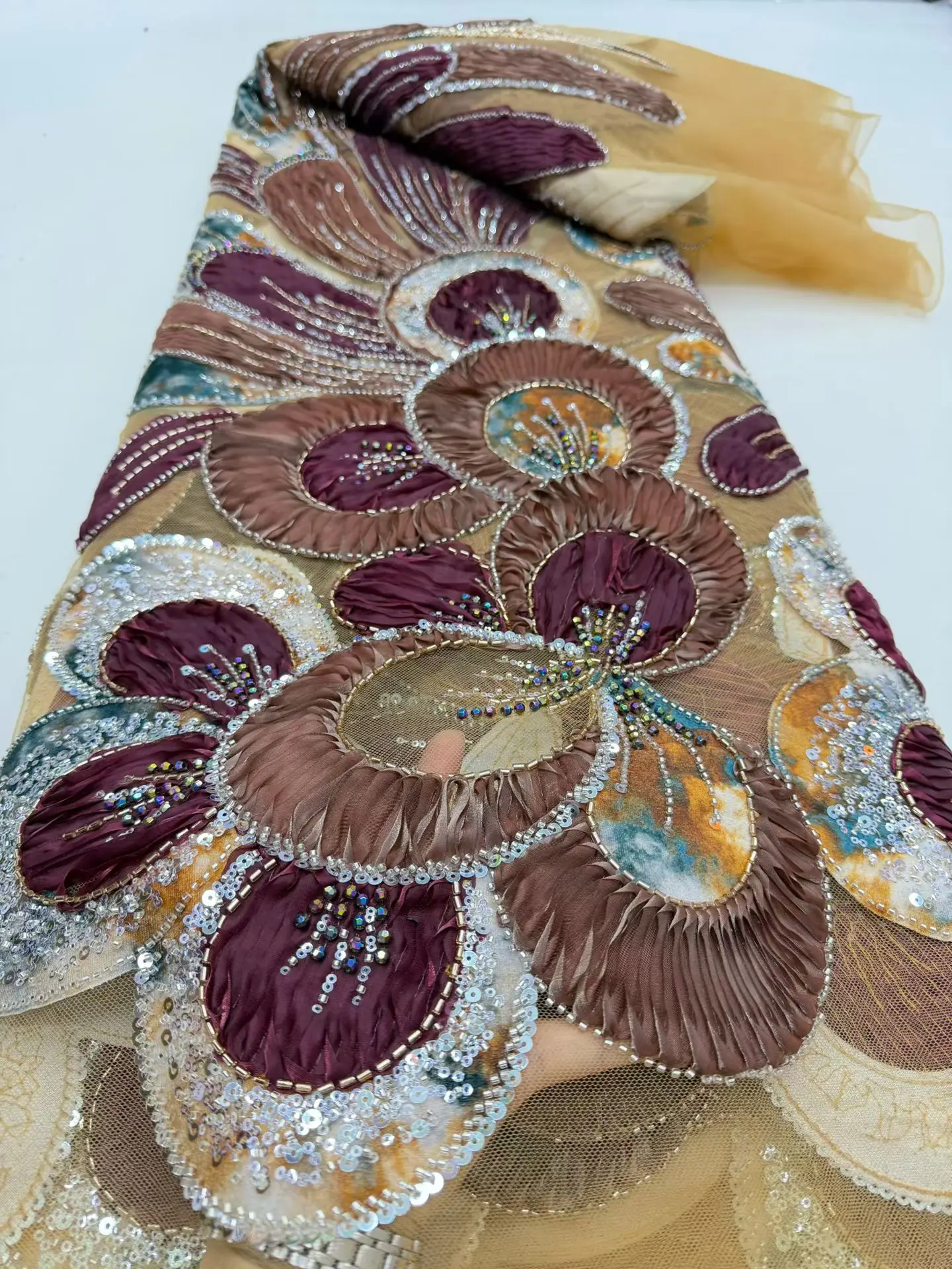 

Новейшая высококачественная африканская нигерийская кружевная ткань с тюлем для шитья, гипюровая вышивка бисером, для платьев, с пайетками, 5 ярдов, DP0507