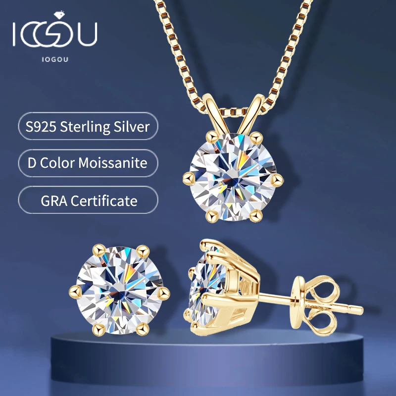 

IOGOU Real 925 Silver Moissanite Jewelry Set Gold Plated 0.5-2ct Stud Earrings Solitaire Pendant Necklace Set for Women Men Gift