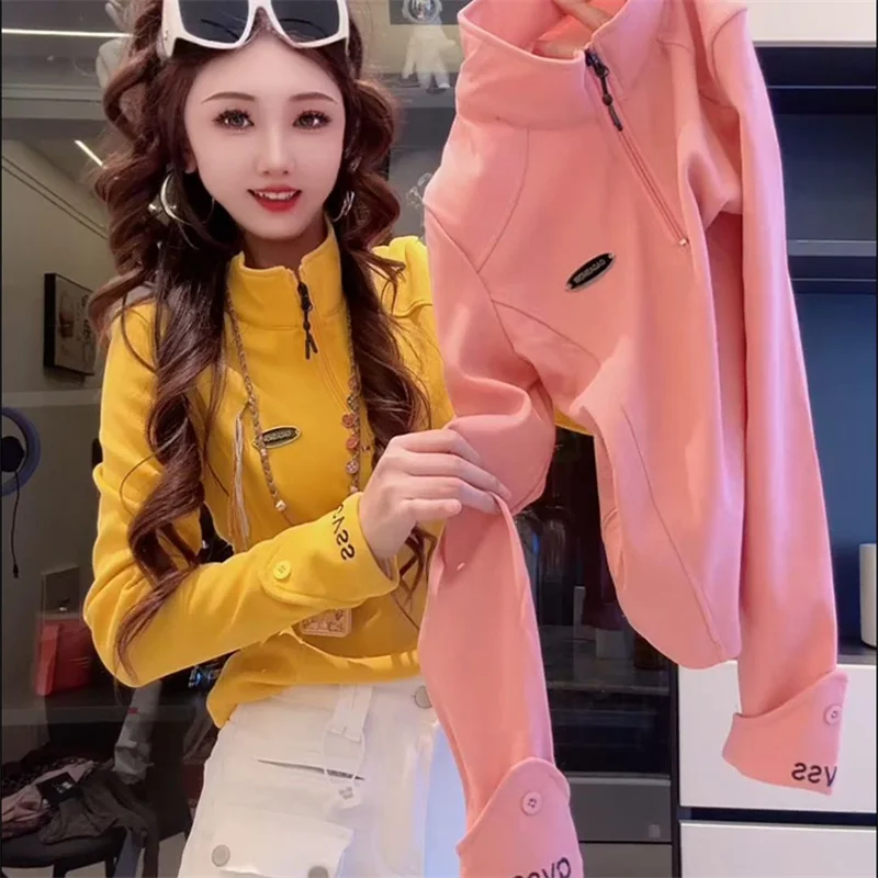 

Новый пуловер с полумолнией и воротником-стойкой, футболка с длинными рукавами, женская модная нижняя рубашка, пальто, женский осенне-зимний свитшот