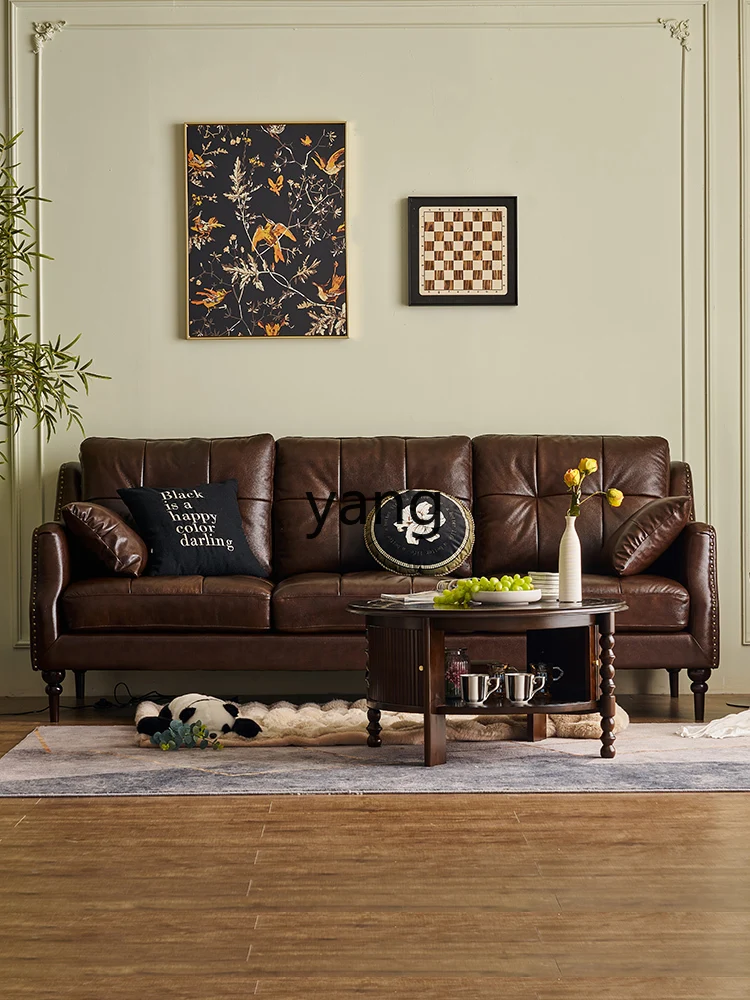 CX retro style leather living room straight row solid wood black cowhide sofa three people