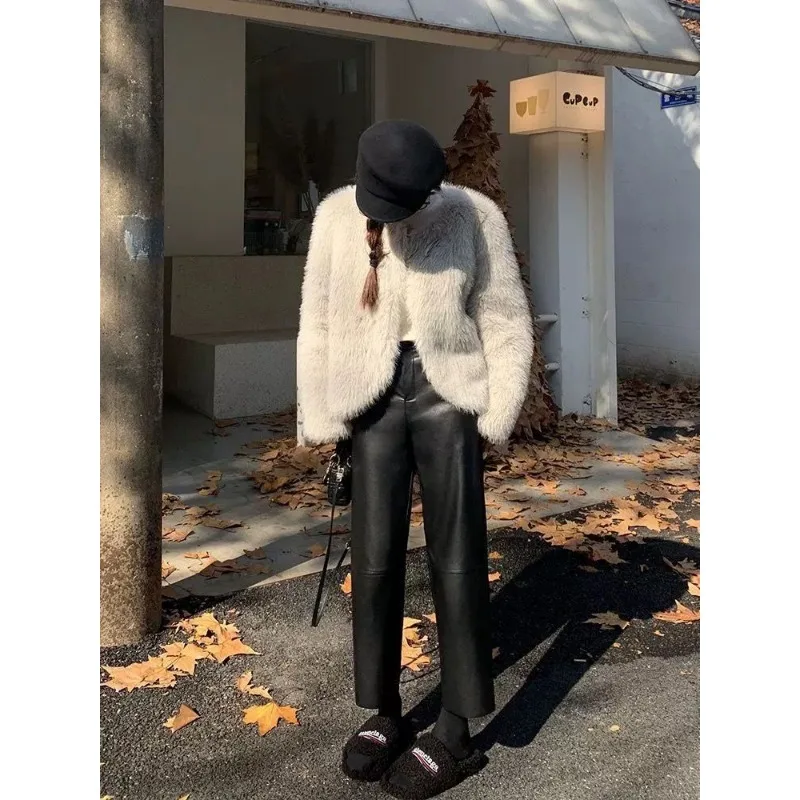 

Брюки из искусственной кожи, женские осенне-зимние универсальные бархатные новые стильные свободные утягивающие брюки с высокой талией, девятиточечные прямые брюки