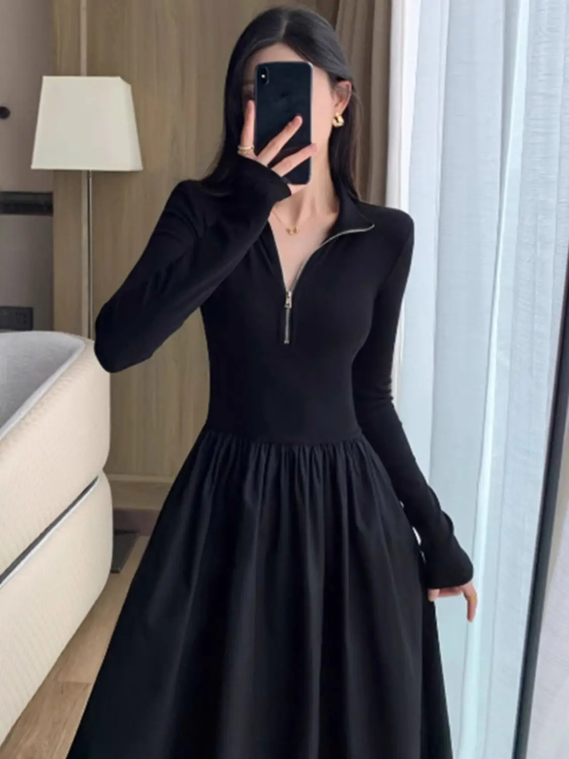 Large Zipper Spring and Autumn Dress Women's New Style Slightly Cinched Waist Slimming Effect Plus Size Long Skirt