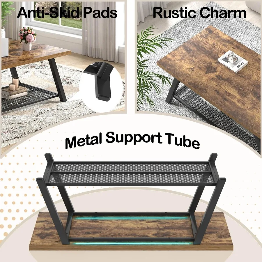 Mesa de centro industrial de madeira e metal de 47 polegadas, mesa de sala de estar com prateleira de armazenamento, mesa central retangular, marrom rústico