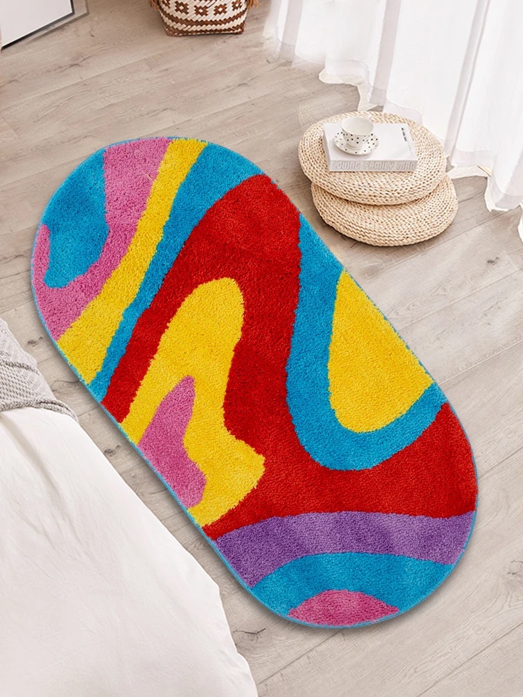 Colorful y2k Tufted Rug Groovy Area Rug for Bathroom Bedroom Home Fluffy Oval Bath Psychedelic Carpet Nonslip Mat