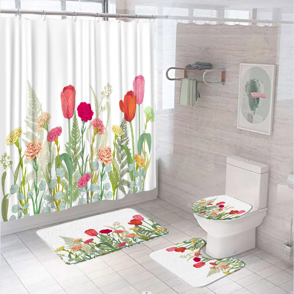 Watercolor Tulip Floral Shower Curtain Sets Non-Slip Carpet Rug Toilet Cover Bath Mat Pink Flowers Art Fabric Bathroom Curtains