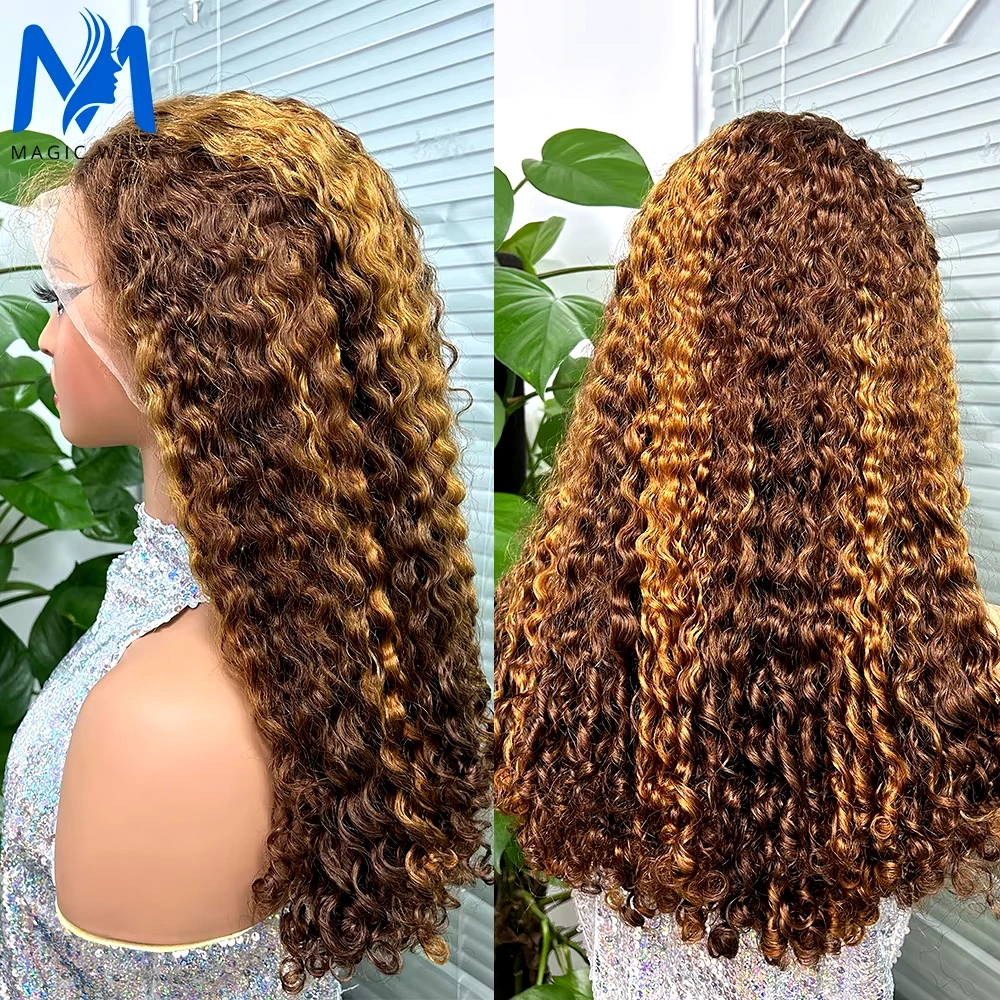 Honey Blonde Highlight Piano Color 13x4 Lace Frontal Curly Wave Human Hair Wig for Women 250 Density Bouncy Deep Wigs 12-20 Inch