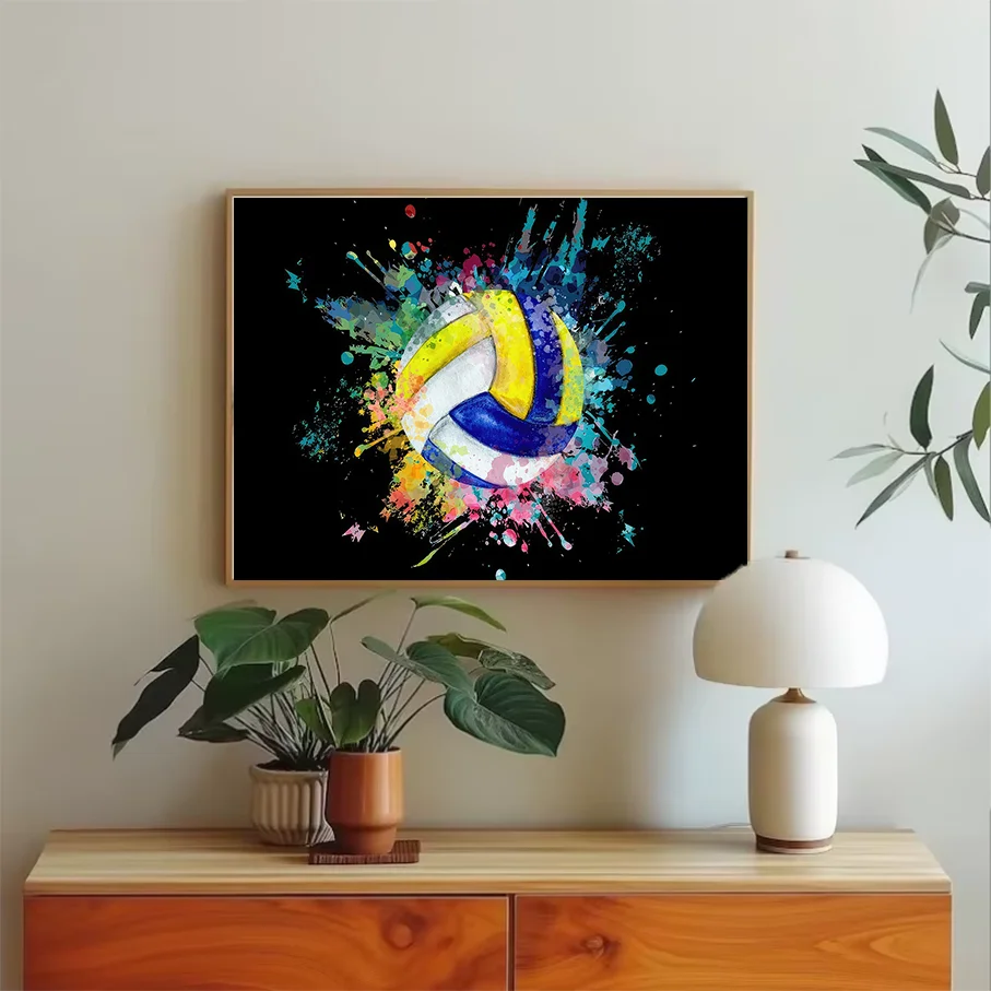 Colorful Volleyball Watercolor Splash Canvas Print Wall Art Poster Living Room Bedroom Home Decor Black Background