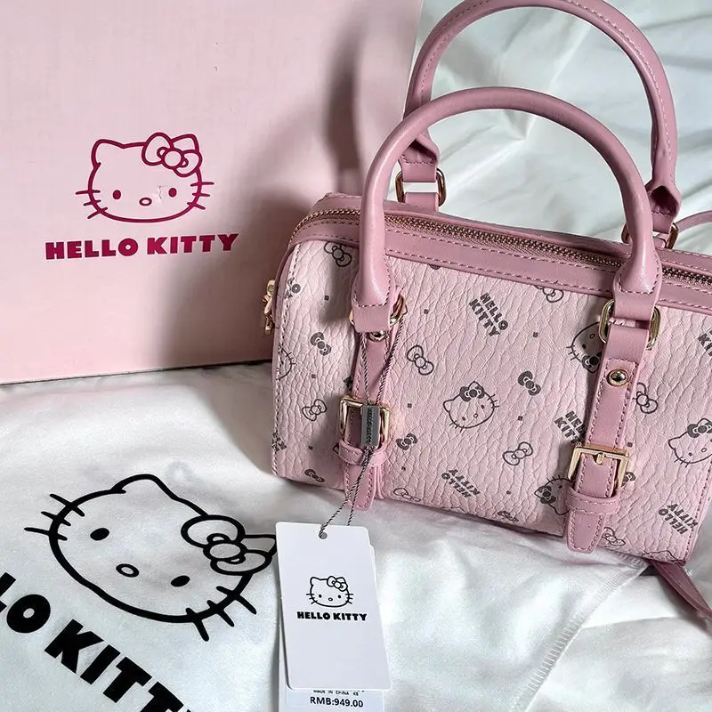 Sanrio Hello Kitty Mini Handbag Versatile Classic Print Texture Boston Bag Large Capacity Women New Trendy Casual Crossbody Bag