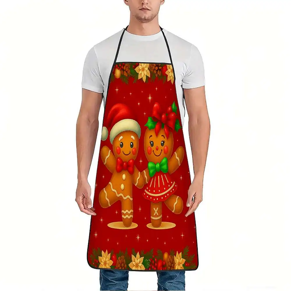 1pc Gingerbread Man Couple'S Christmas Print Apron, Durable And Easy To Clean, Adjustable Waistband, Polyester Material, Suitabl