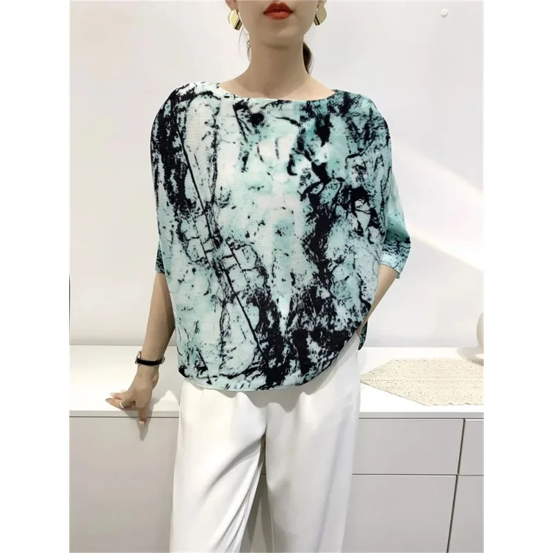 YUDX Pleated Top Women's 2024 Summer New Fashion Printed T-shirt Loose One-piece Sleeve Toothpick Pleat Women's Jumper